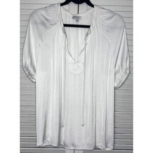 Anthropologie Current Air White Pleated Satin Boho Peasant Tunic Tie Blouse Sz M